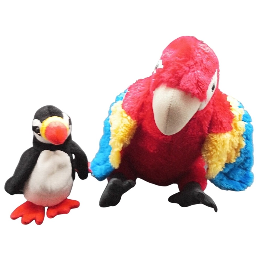 Ty Beanie Baby Puffer Puffin and Wild Republic Scarlet Macaw Plush Bird Lot